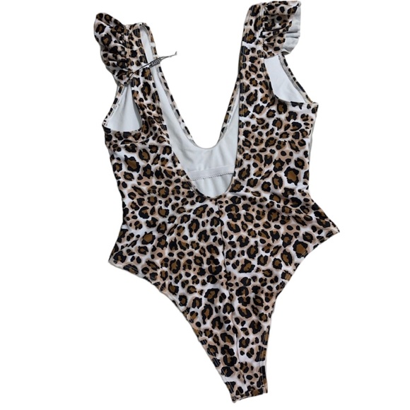 NWT Zaful Leopard Print Ruffle Plunging One Piece Swimsuit Multi Size Large 8 - Picture 4 of 6